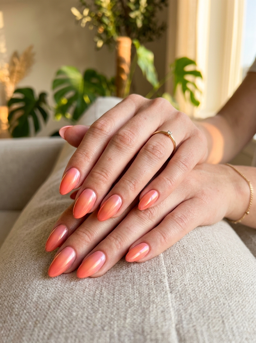 Sunset Coral Chrome Nails